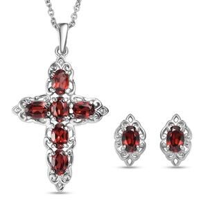 Mozambique Garnet 4.6 ctw Earrings & Pendant Necklace (20 ") Stainless Steel NWB